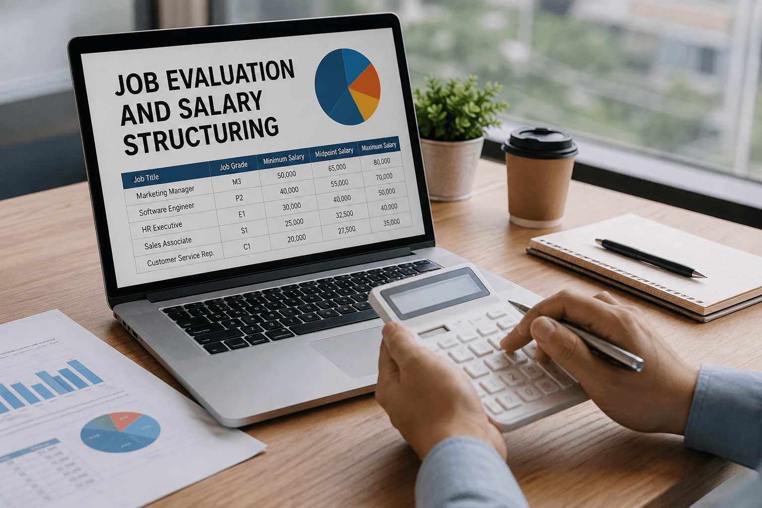 Professional reviewing job evaluation and salary structure data on a laptop with salary charts and compensation documents.