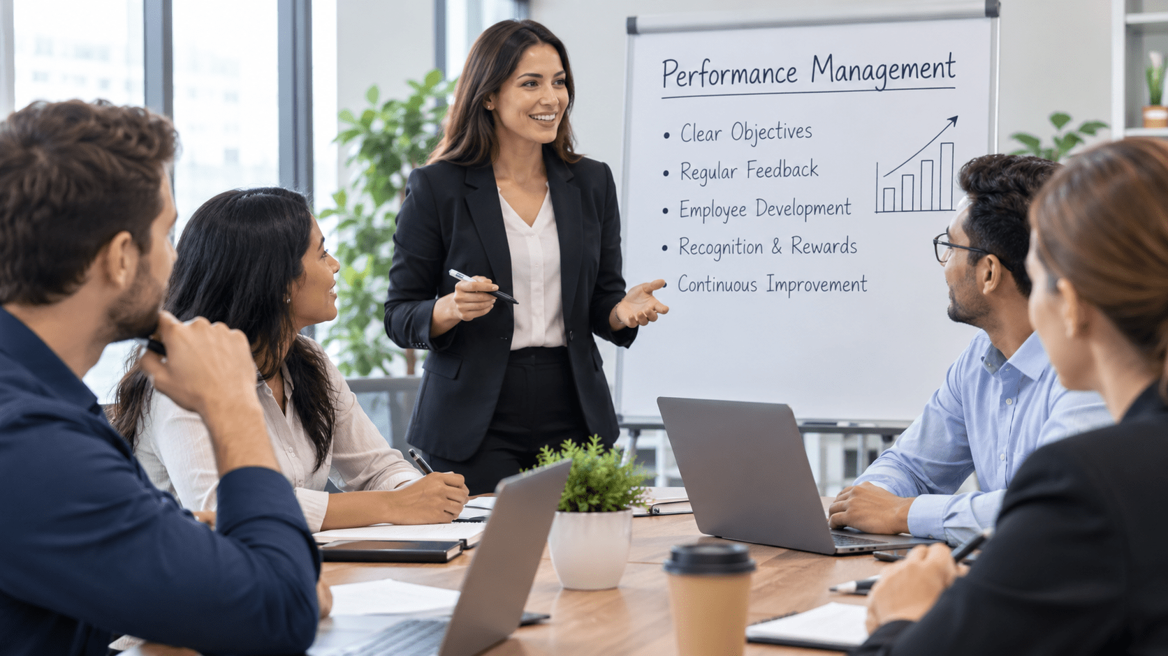 Manager discussing performance management with employees in a modern office