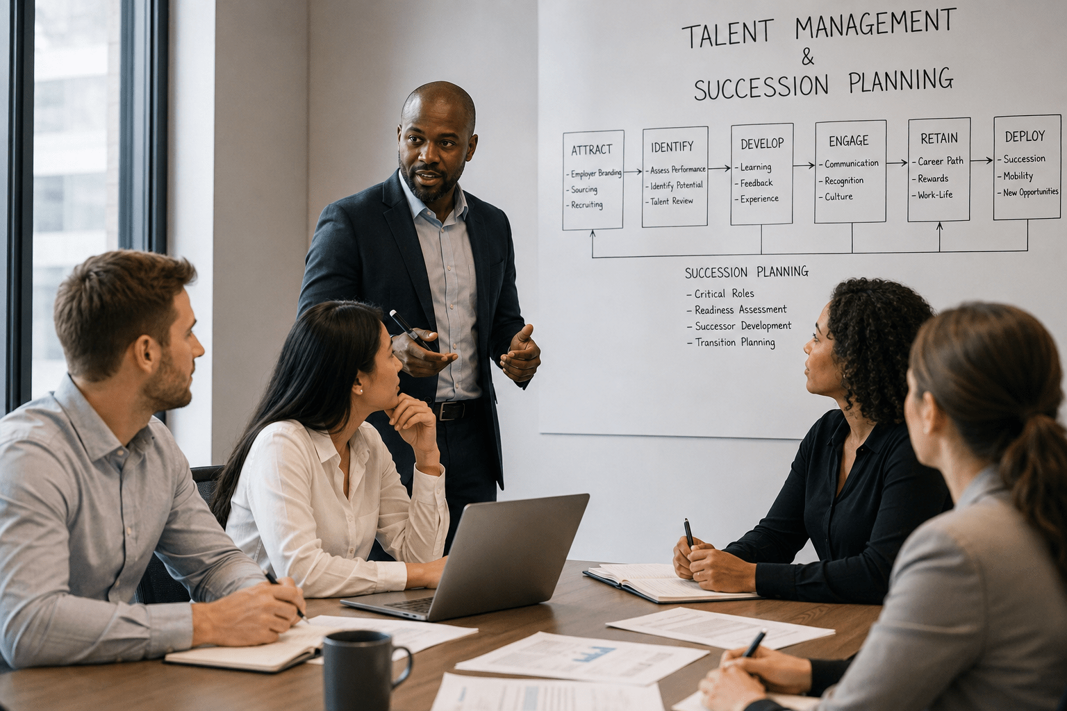 Business team discussing talent management and succession planning during a leadership strategy meeting.