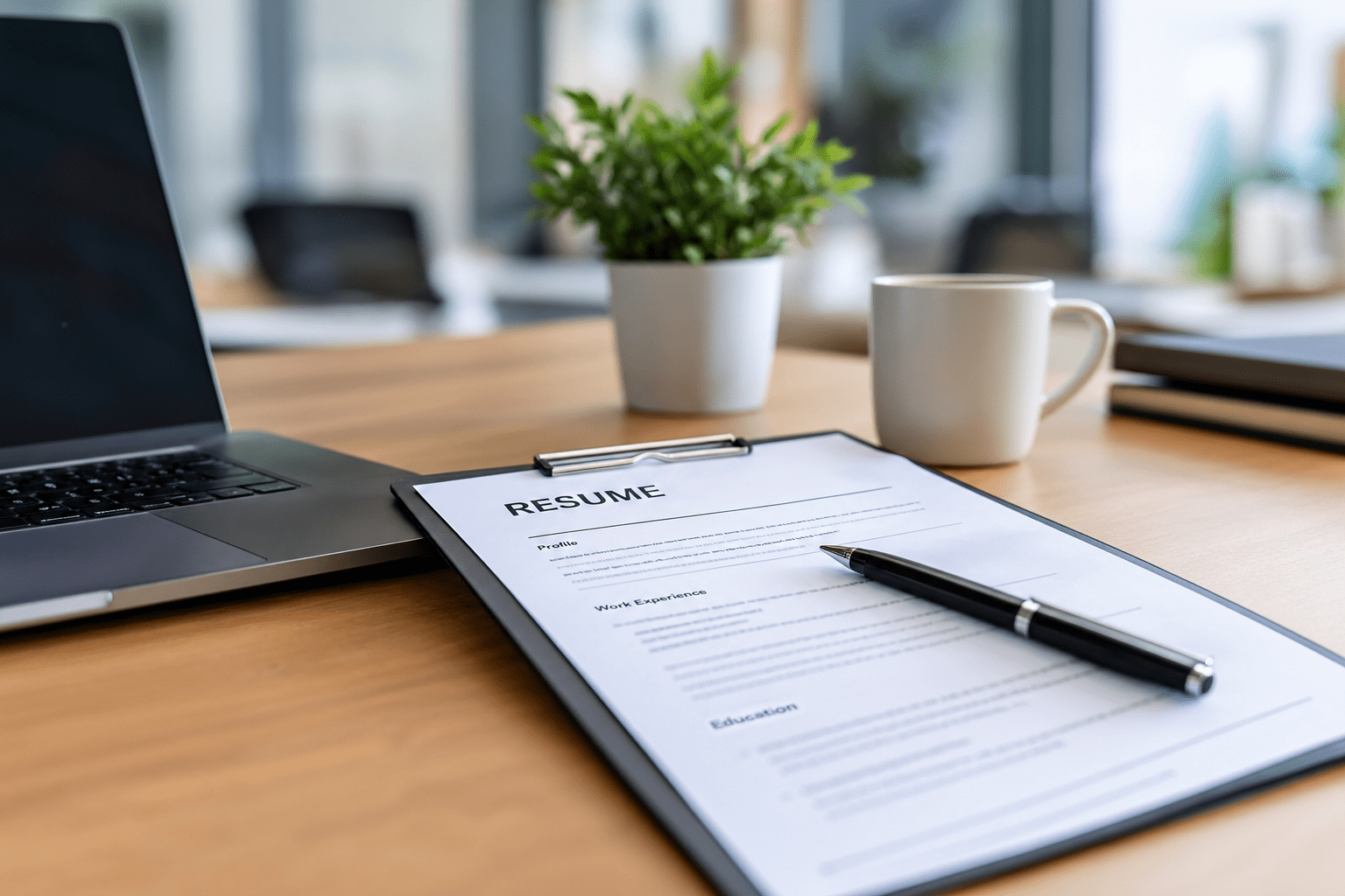 Resume on a desk beside a laptop representing recruitment and the cost of a bad hire