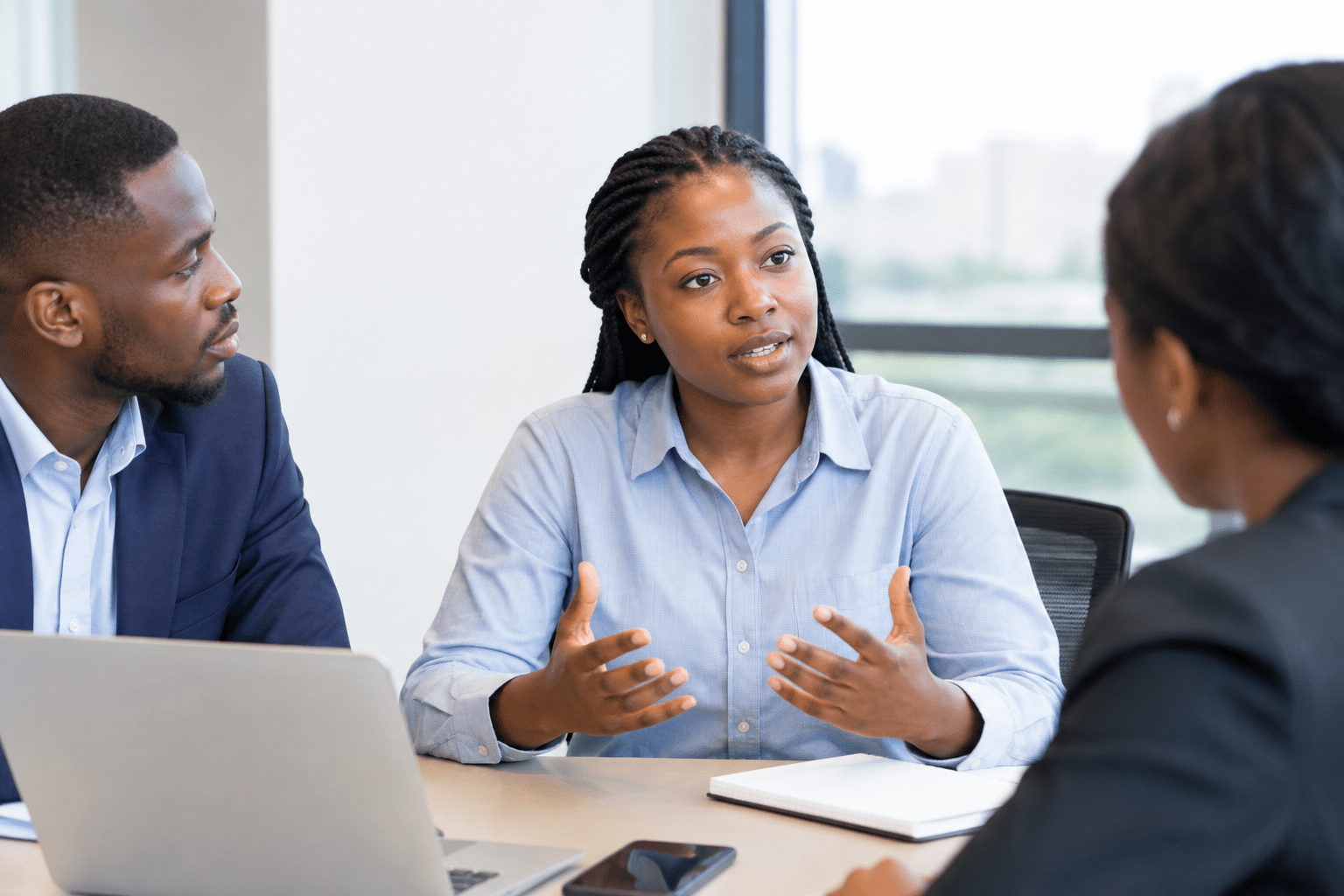 Employee speaking during a workplace discussion with colleagues, representing employee voice and open communication.