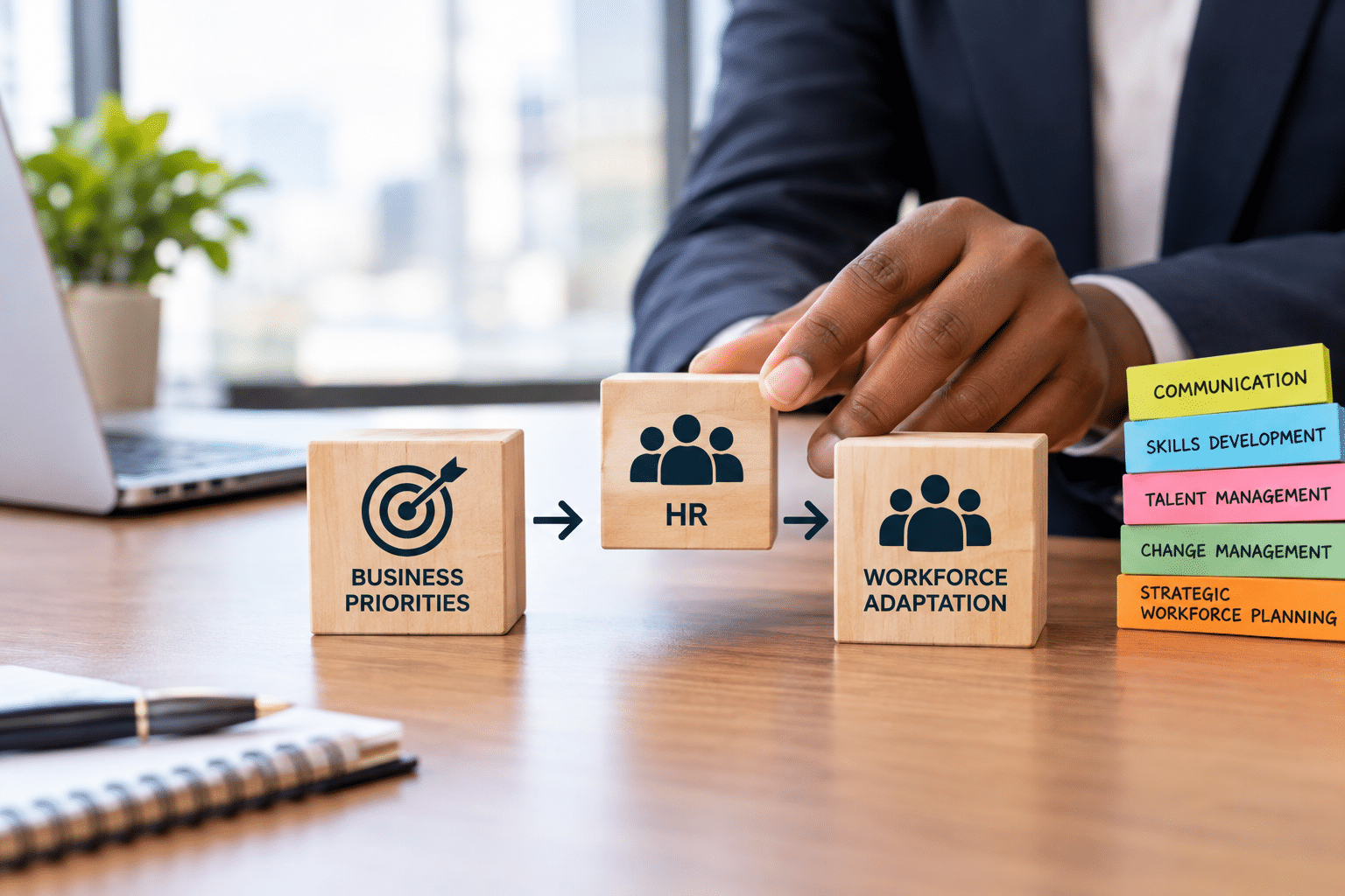 HR helping align changing business priorities with workforce adaptation, skills development, communication, and strategic workforce planning.