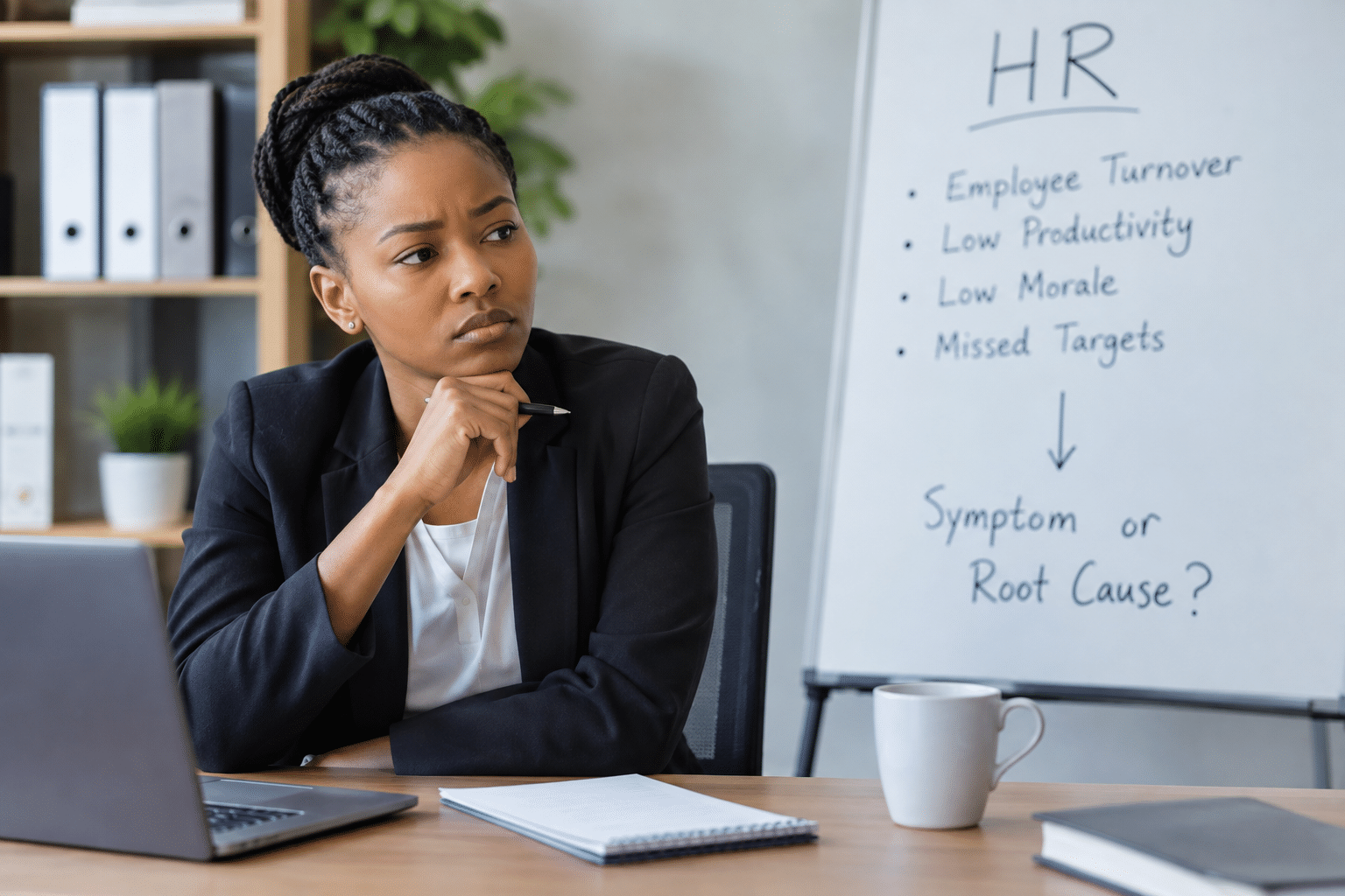 HR professional analysing employee turnover, low productivity, low morale and missed targets to identify workplace root causes.