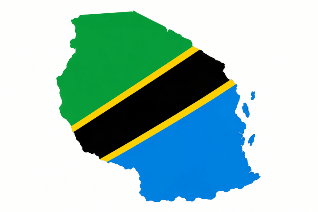 Map of Tanzania featuring the colours of the Tanzanian national flag.