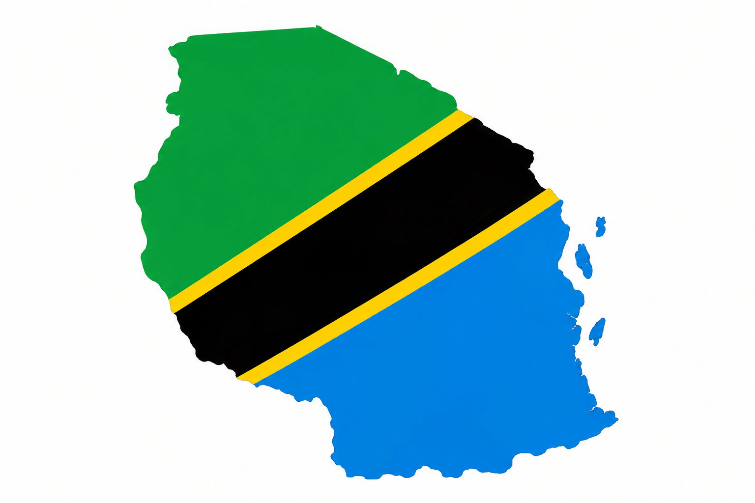 Map of Tanzania featuring the colours of the Tanzanian national flag.