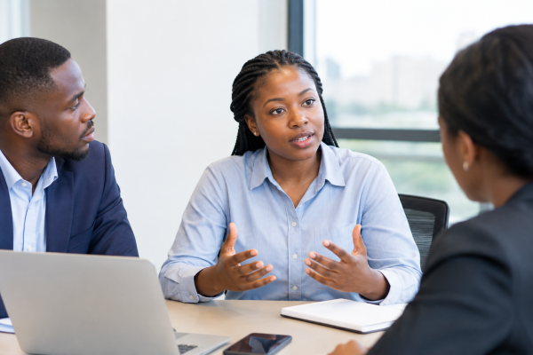 Employee speaking during a workplace discussion with colleagues, representing employee voice and open communication.