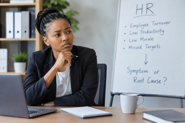 HR professional analysing employee turnover, low productivity, low morale and missed targets to identify workplace root causes.