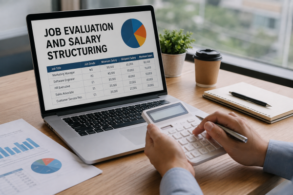 Professional reviewing job evaluation and salary structure data on a laptop with salary charts and compensation documents.