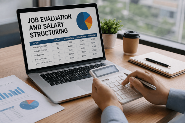 Professional reviewing job evaluation and salary structure data on a laptop with salary charts and compensation documents.