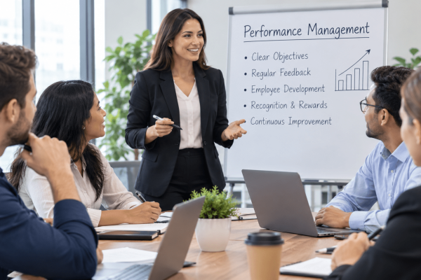 Manager discussing performance management with employees in a modern office