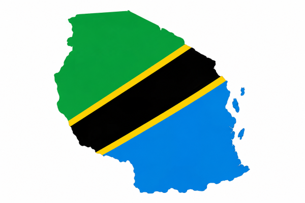 Map of Tanzania featuring the colours of the Tanzanian national flag.