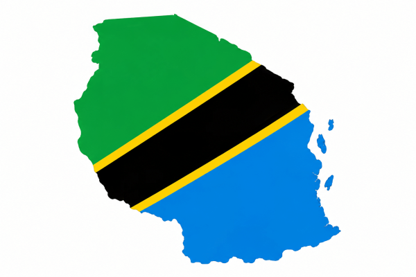 Map of Tanzania featuring the colours of the Tanzanian national flag.