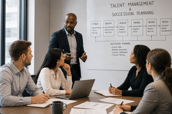 Business team discussing talent management and succession planning during a leadership strategy meeting.